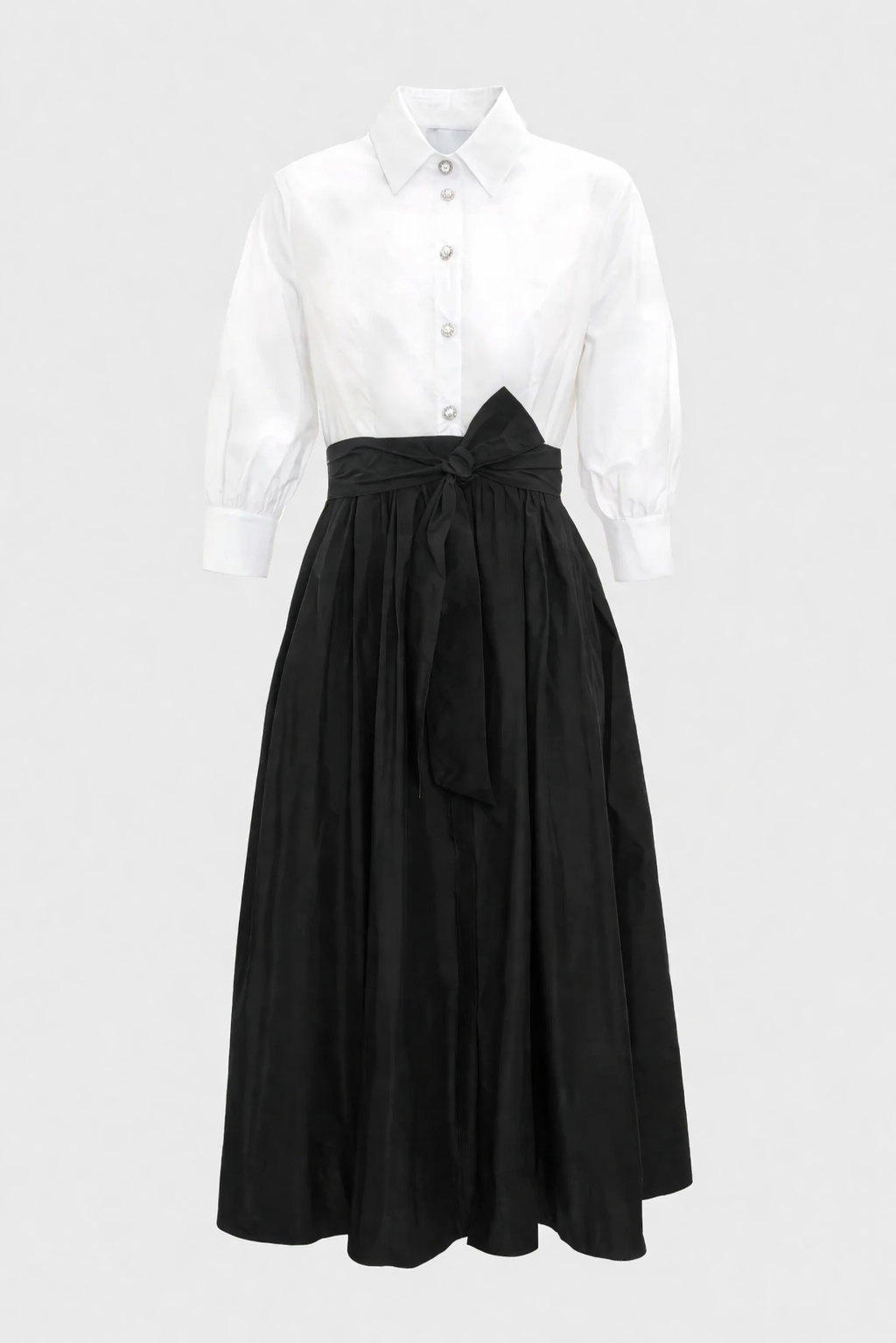 Black and white contrast belted shirt midi dress with 3/4 sleeves and flared skirt