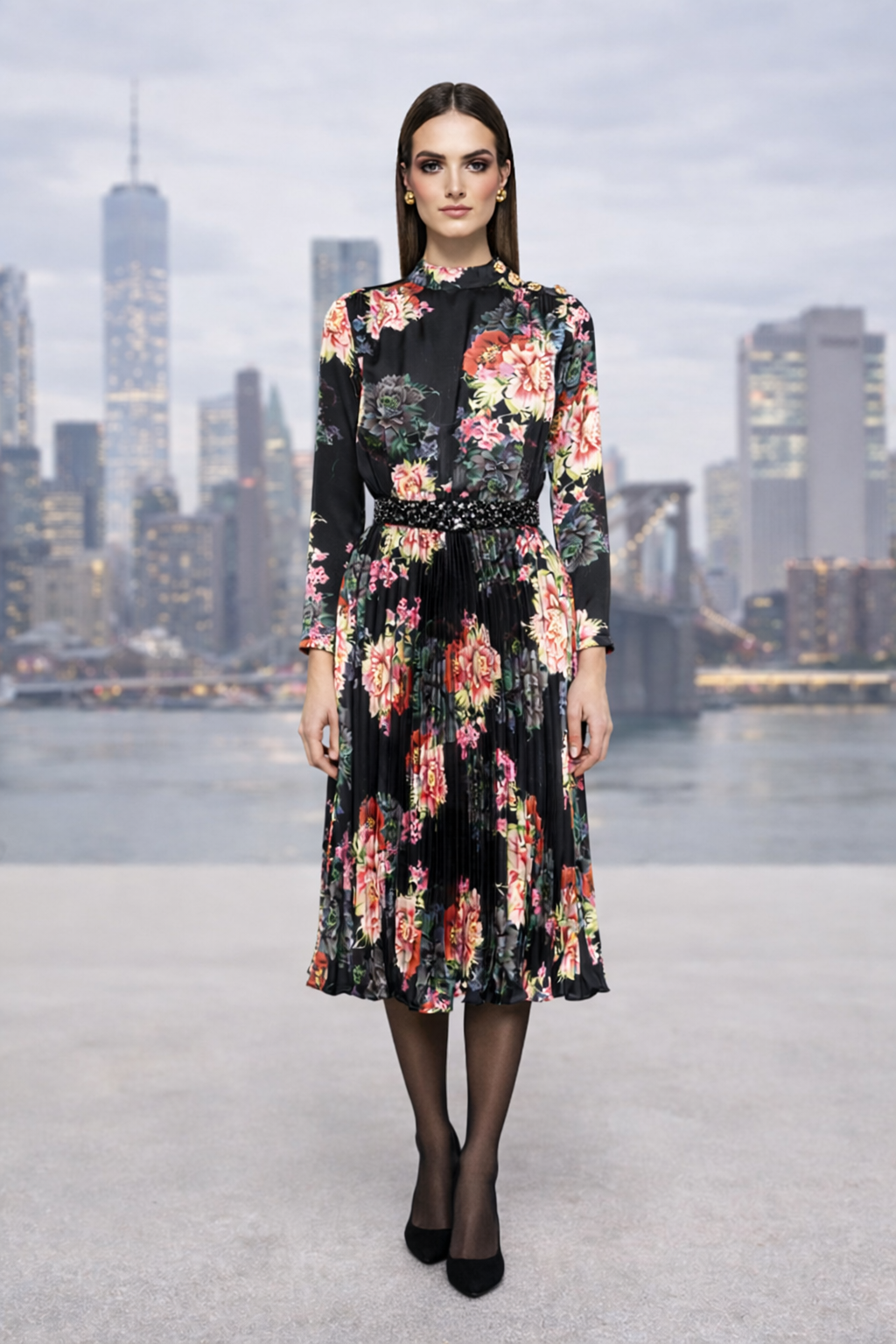 Black Floral Pleated Midi Dress with Long Sleeves
