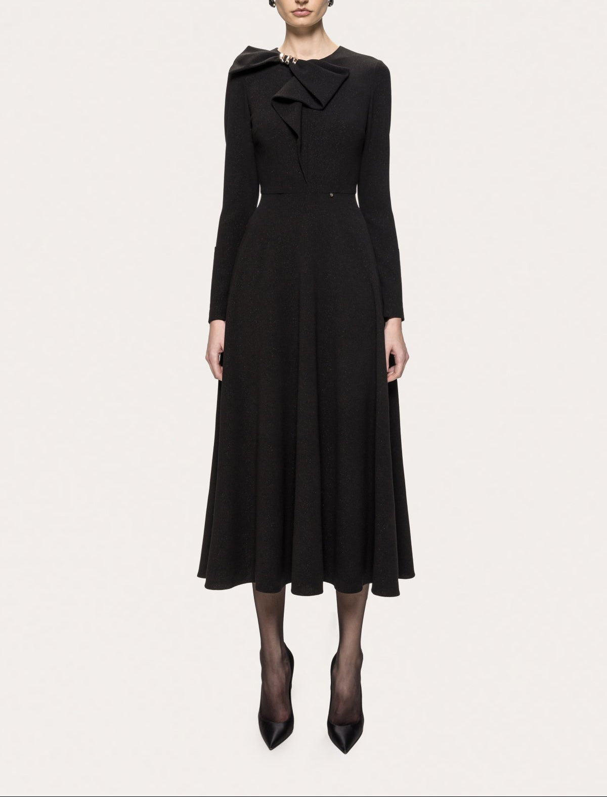 NISSA black lurex crepe midi dress with an oversized neckline bow, long sleeves and a flared skirt.