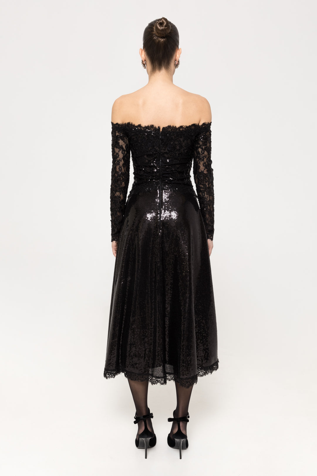Back view of Black Off-Shoulder Sequins Embellished Lace Midi Dress with center‑back zip and scalloped hem.