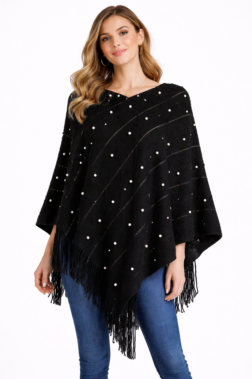 Women Poncho With Pearls & Fringes