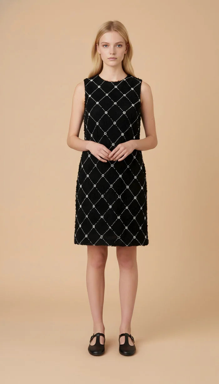 model is wearing black sleeveless dress with diamond pattern 