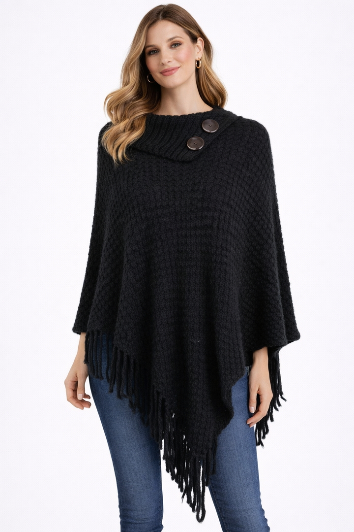 Classic Wool Button‑Collar Fringe Poncho