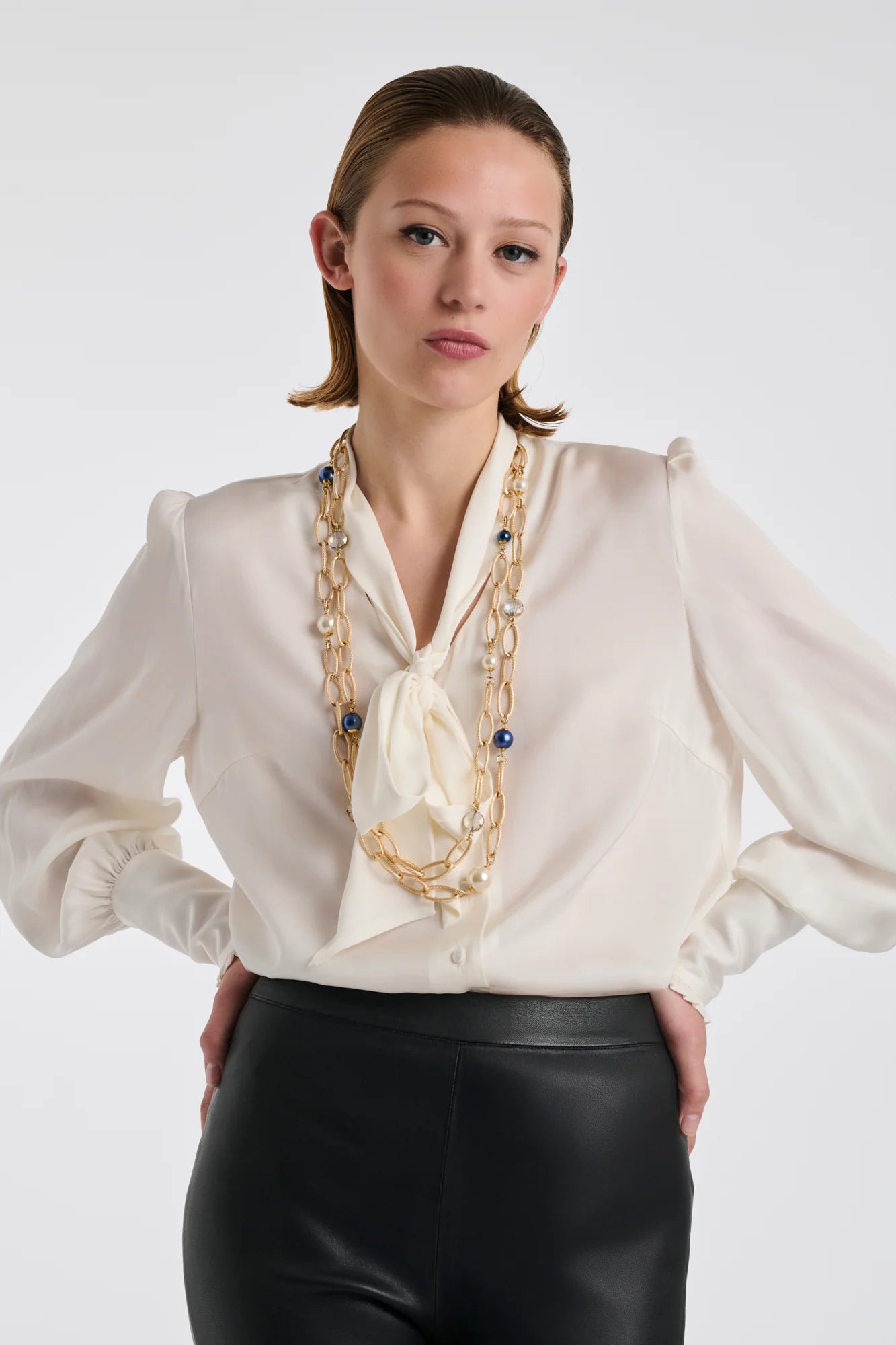 Long double chain necklace with red and blue pearls by WEILL