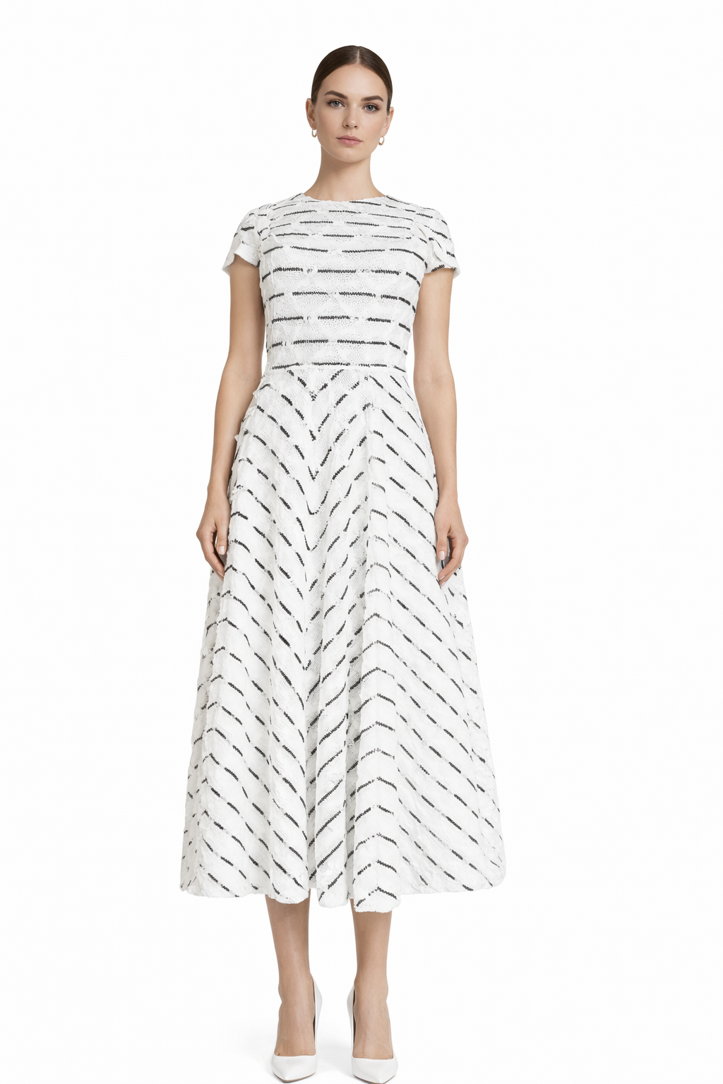 Black and white lace midi dress by Korean designer Nora Noh with cap sleeves and fit-and-flare silhouette.