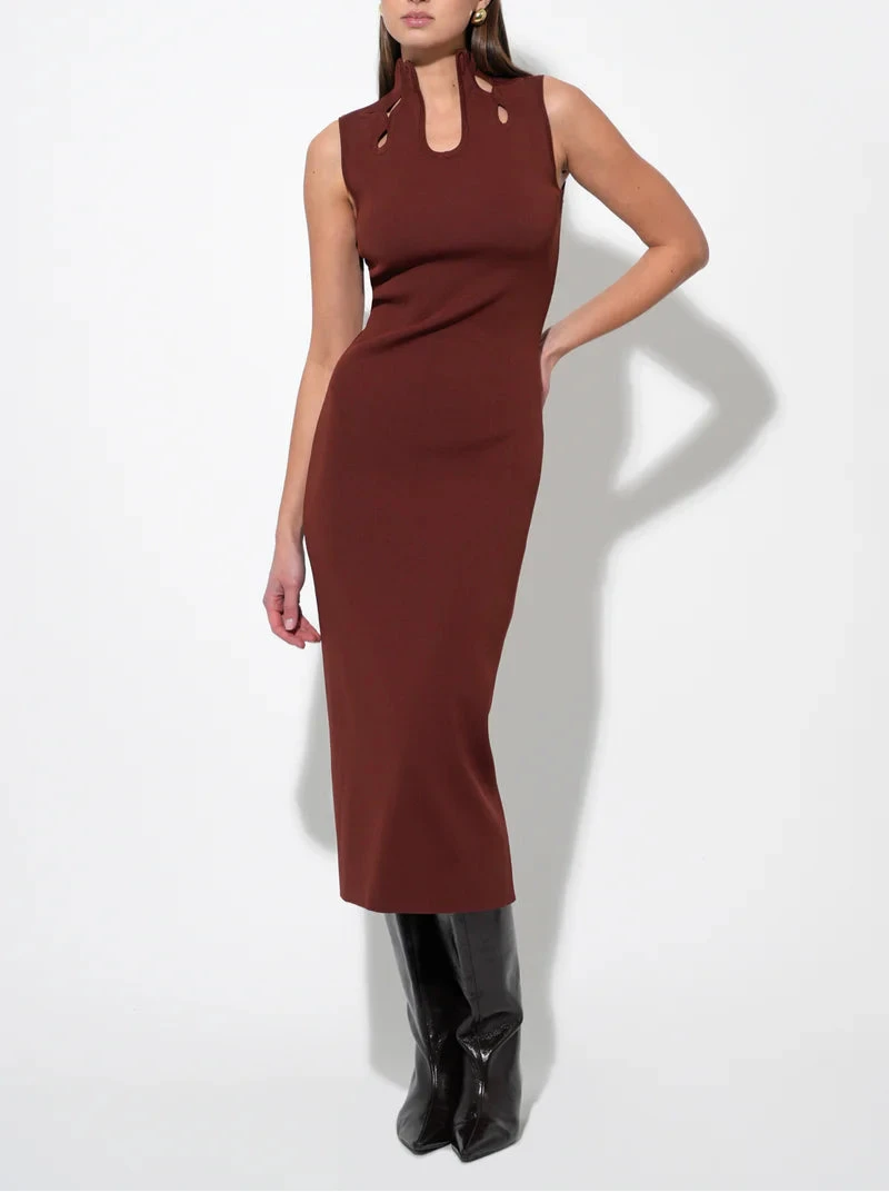 Nude knit midi dress with sculpted cut-out detailing, designed by Adelyn Rae.