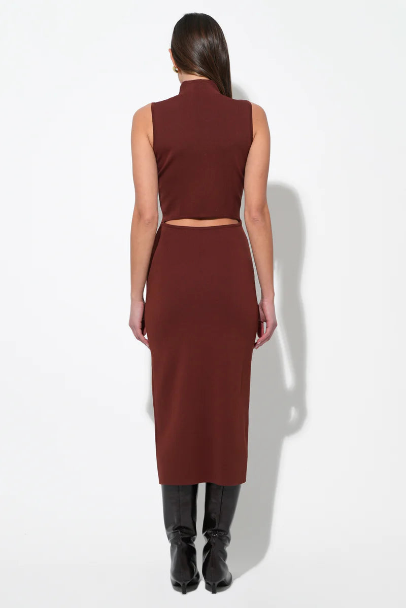 Nude knit midi dress with sculpted cut-out design by Adelyn Rae