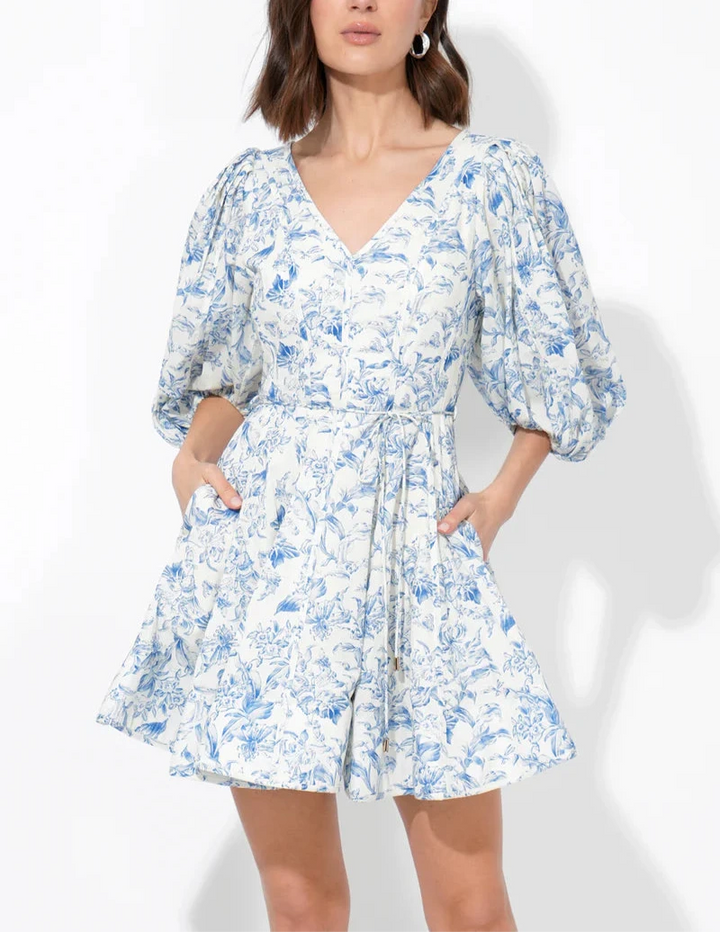 Clare fit-and-flare blue floral mini dress with puff sleeves by Adelyn Rae – front view