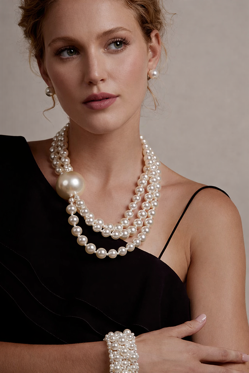 woman wearing layered faux pearl collar necklace with oversized pearl centerpiece statement necklace
