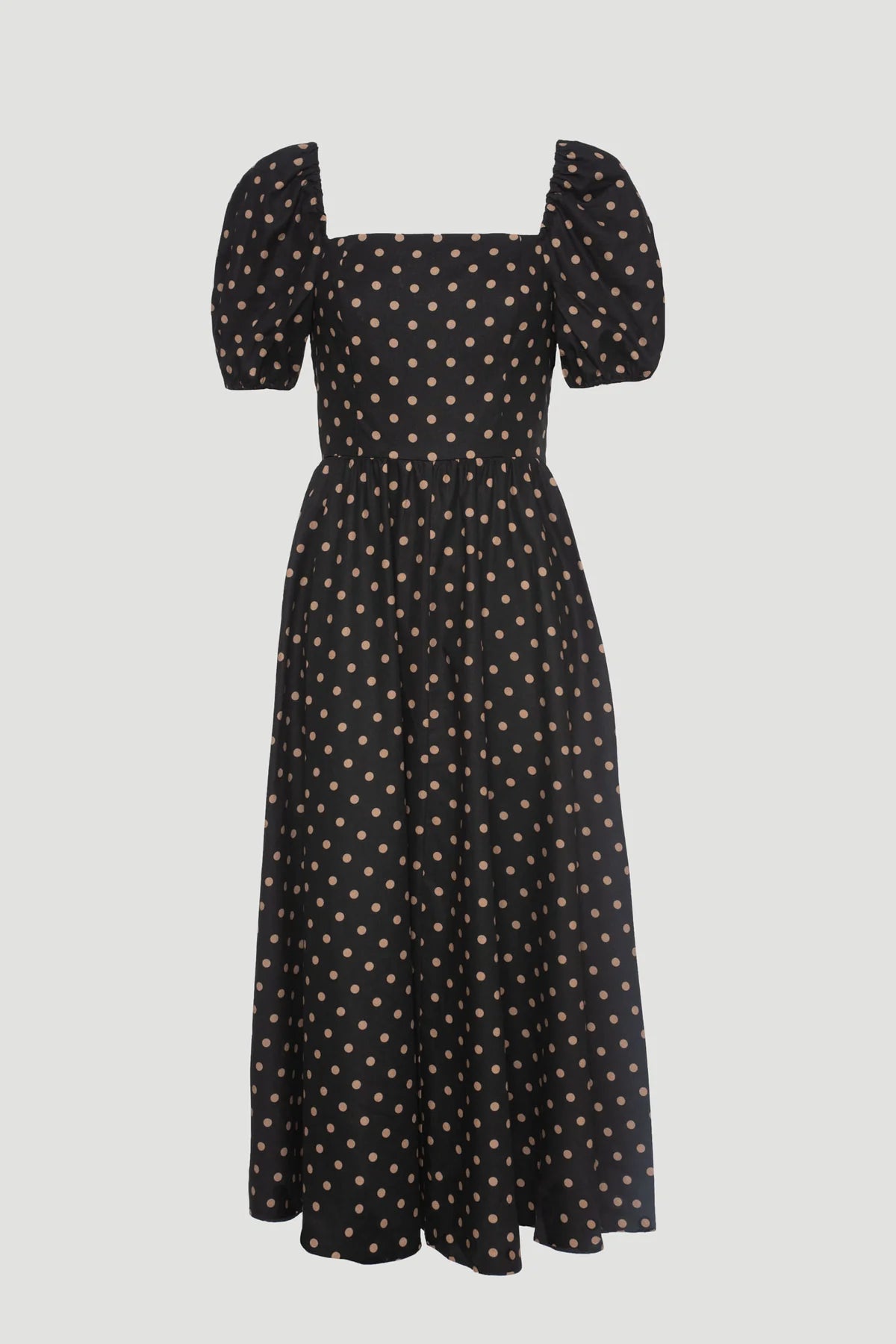 Black polka dot midi dress with square neckline and puff sleeves by Weill Paris
