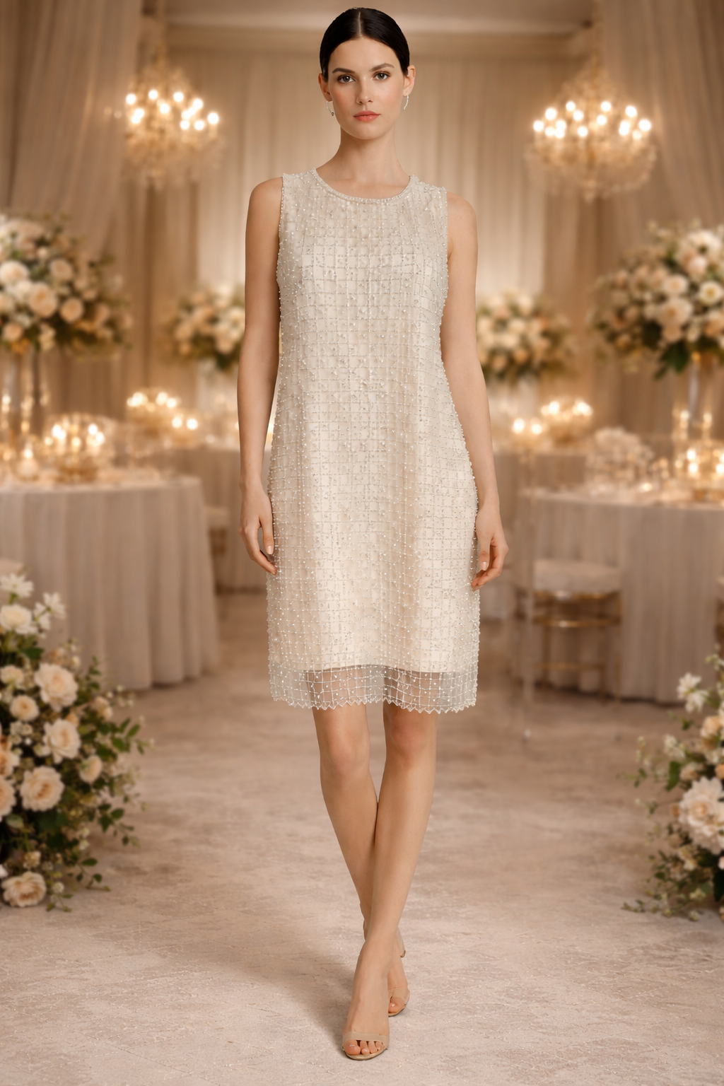 Woman in a white lace dress standing in a decorated room with floral arrangements and chandeliers.