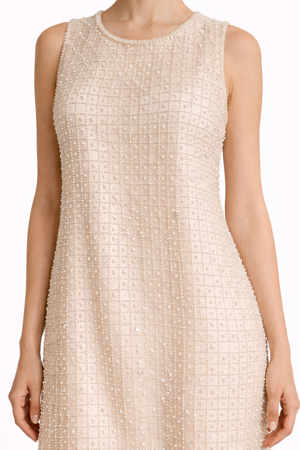 cream pearl shift dress sleeveless round neckline