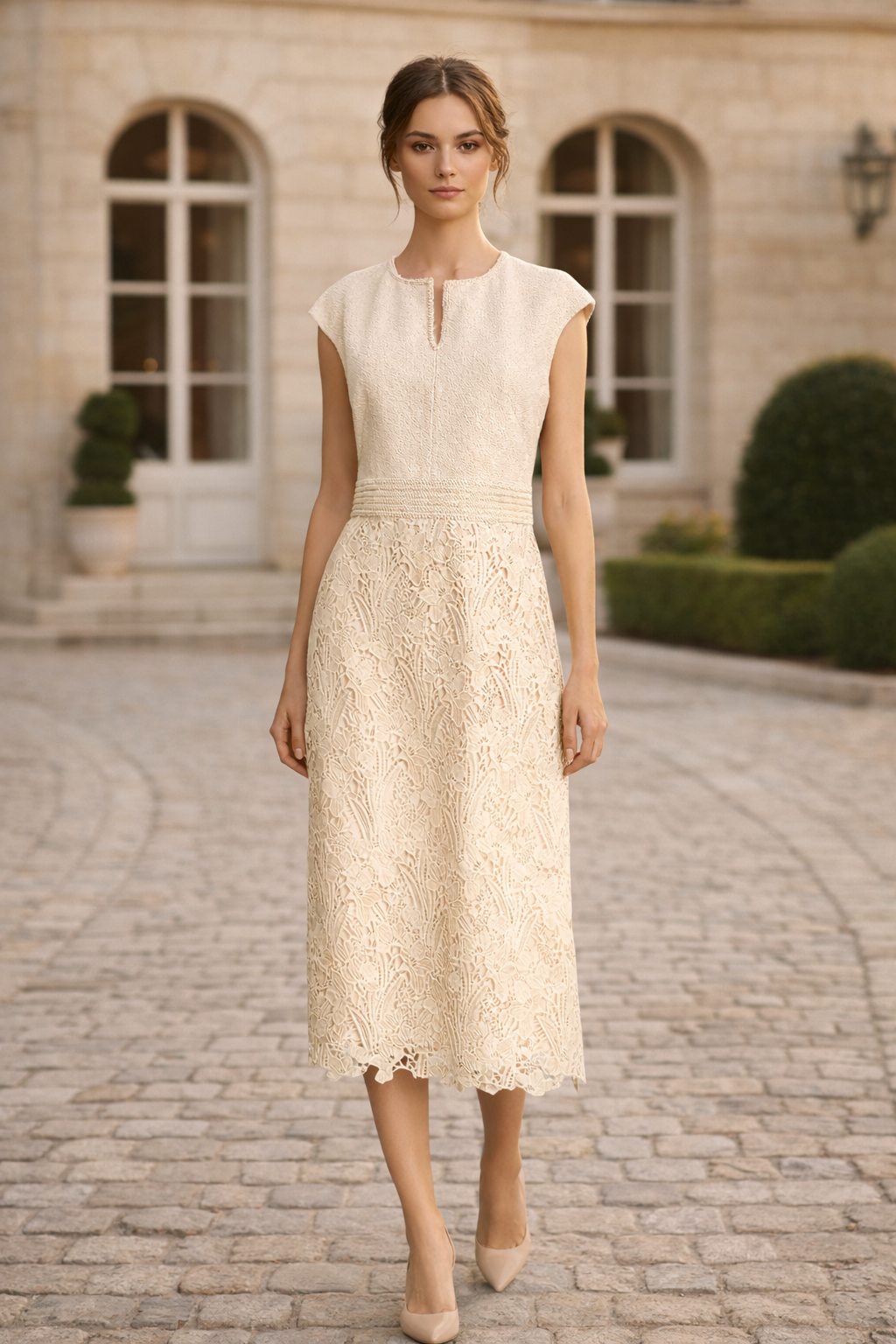 elegant cream lace midi dress boutique fashion model