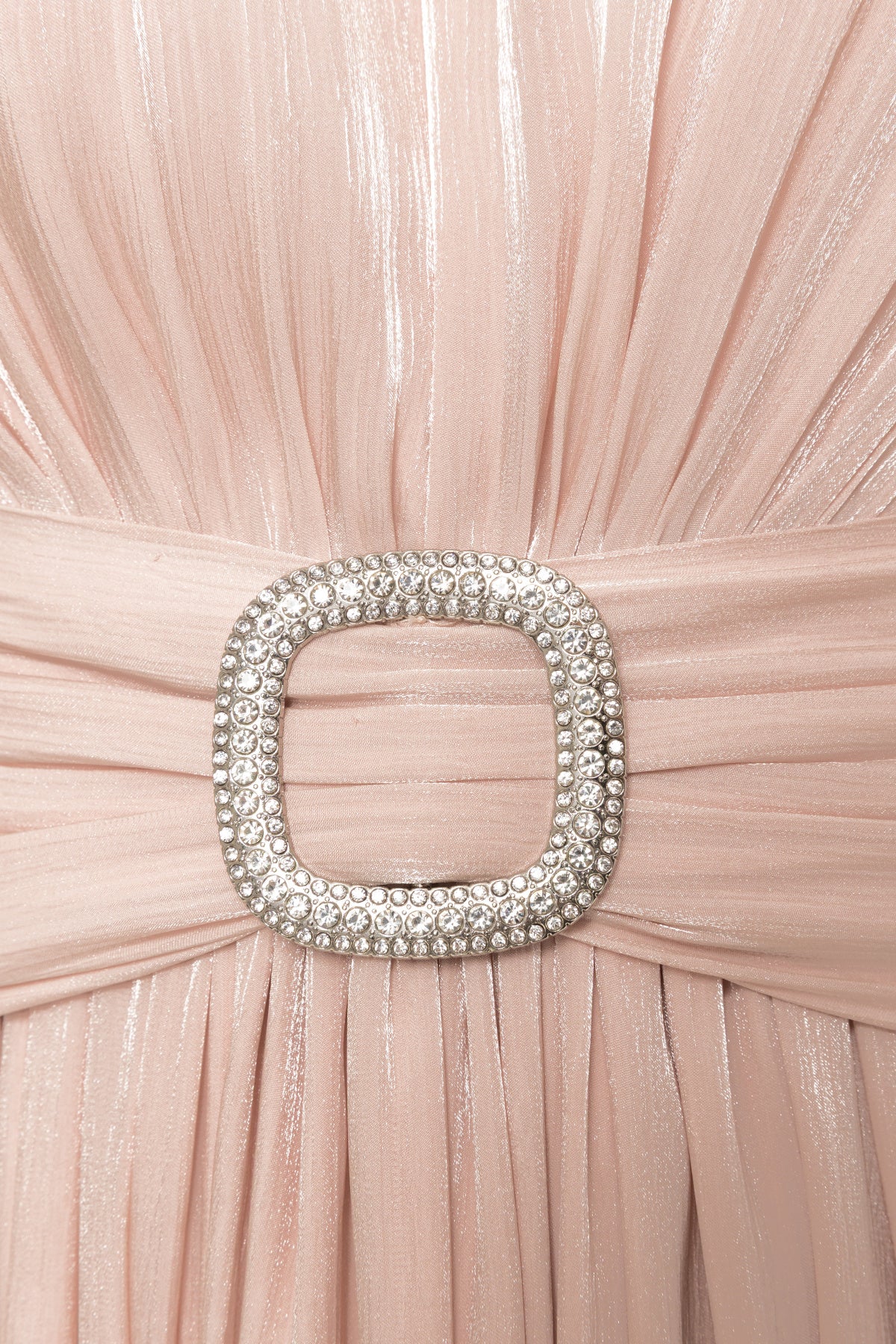 Crystal buckle detail on blush metallic chiffon midi dress