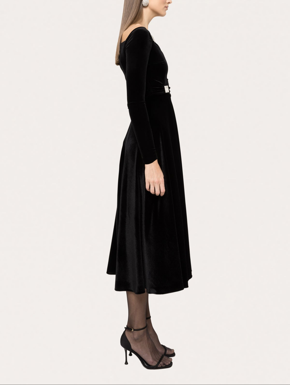 Black velvet crystal off shoulder long sleeve midi dress for winter events and holiday parties