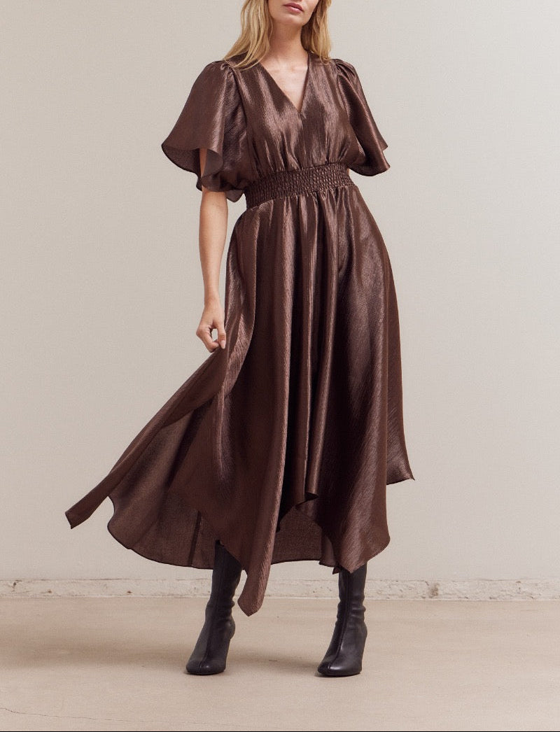 UNBALANCED SKIRT WRINKLE SATIN MAXI DRESS