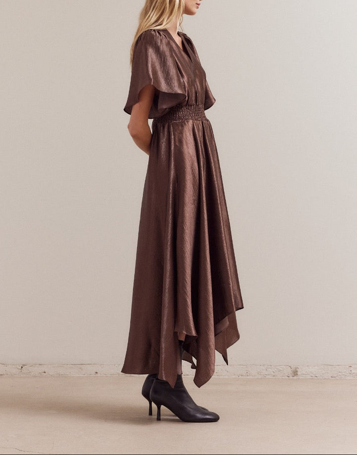UNBALANCED SKIRT WRINKLE SATIN MAXI DRESS
