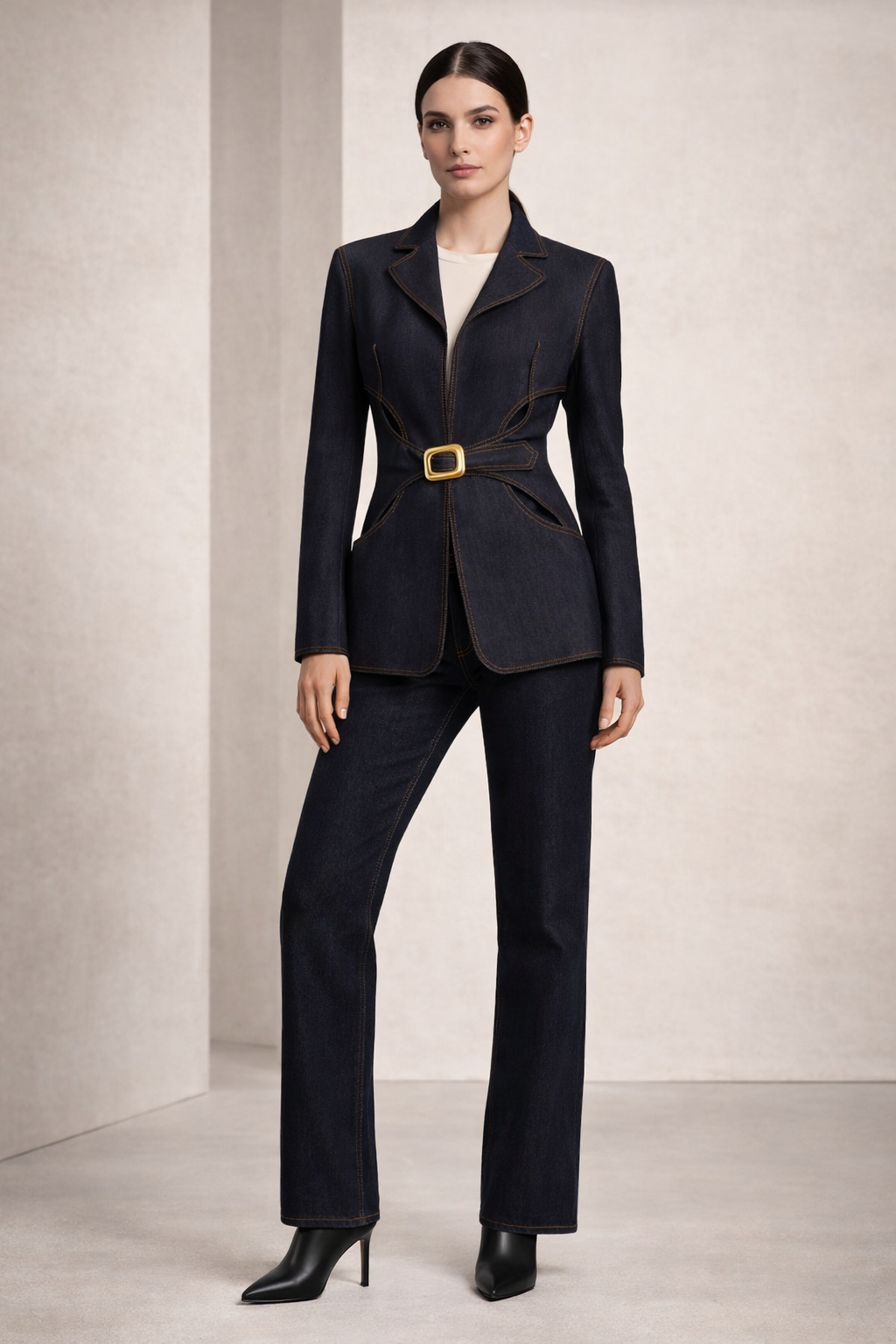 Front view of model wearing Dark Indigo Cut out belted blazer with blue jeans and black boots