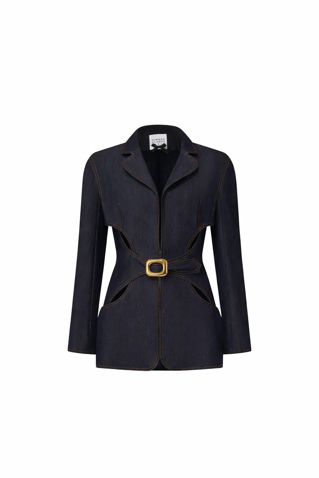 Front view of a dark indigo cut-out belted blazer with notched lapels, structured shoulders, sculpted waist cut-outs, and a gold-tone buckle.