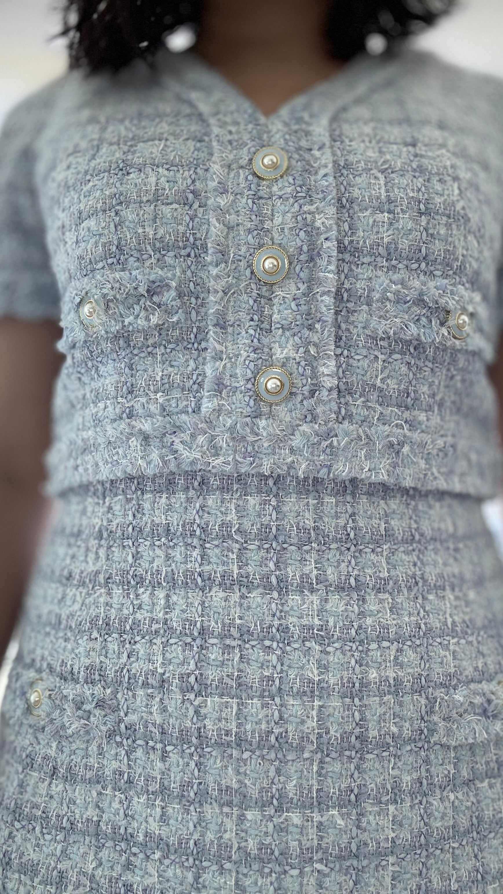 Light blue A-Line tweed dress with pearl buttons by WEILL, knee-length suitable for afternoon tea parties.