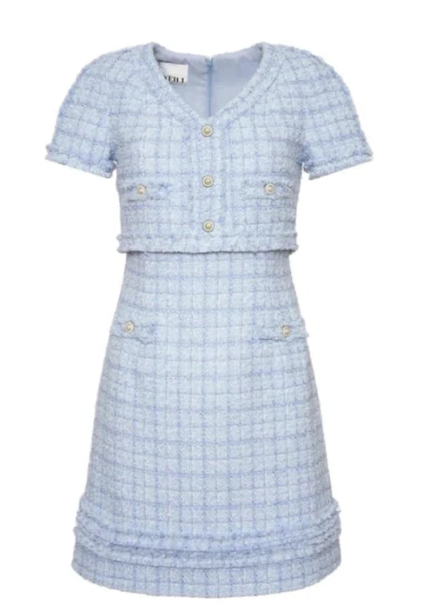 Riviera blue tweed dress with pearl buttons and short puff sleeves