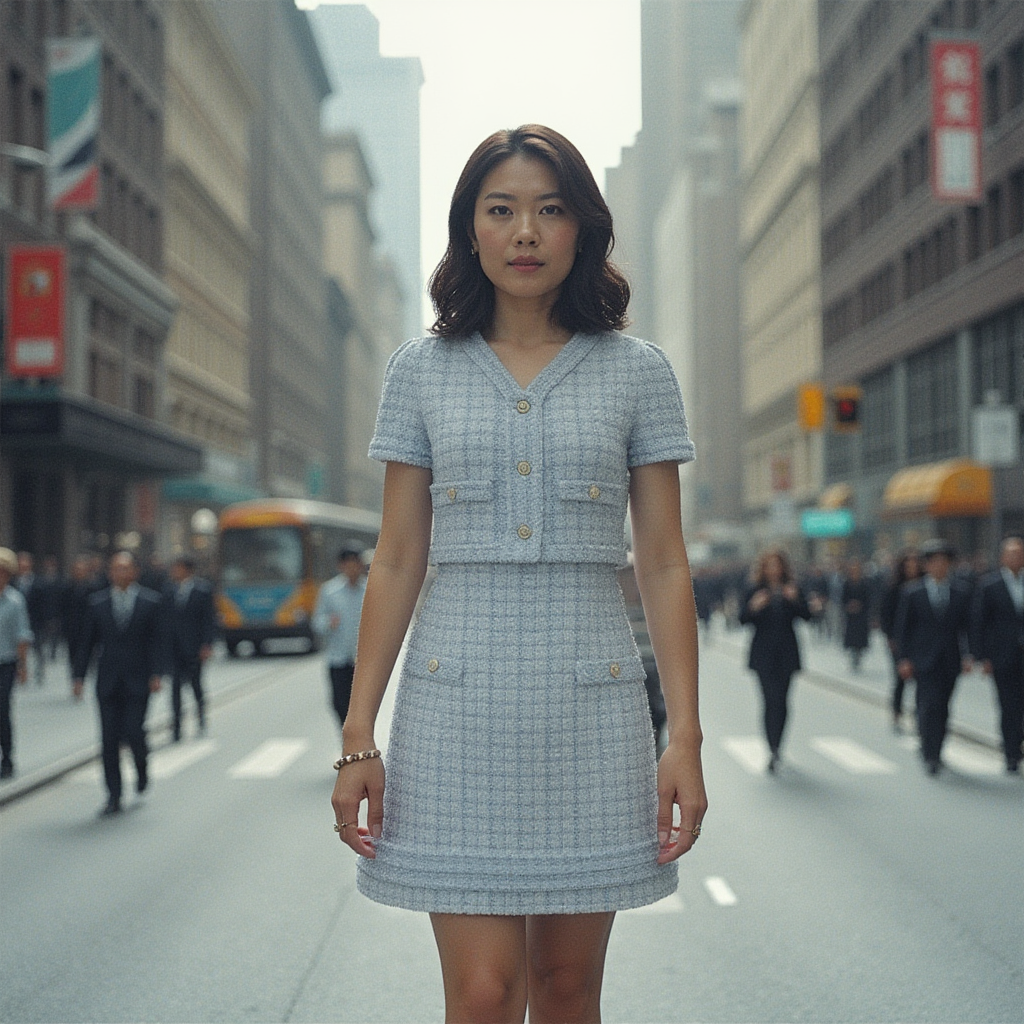 Light blue A-line tweed dress with pearl buttons, knee length, designed by WEILL for spring occasions.