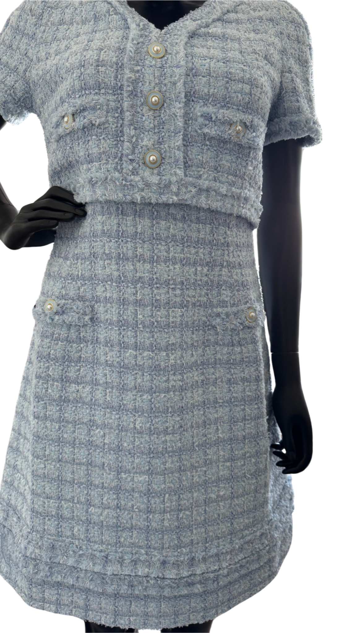 Pastel blue pearl button tweed dress with fitted waist