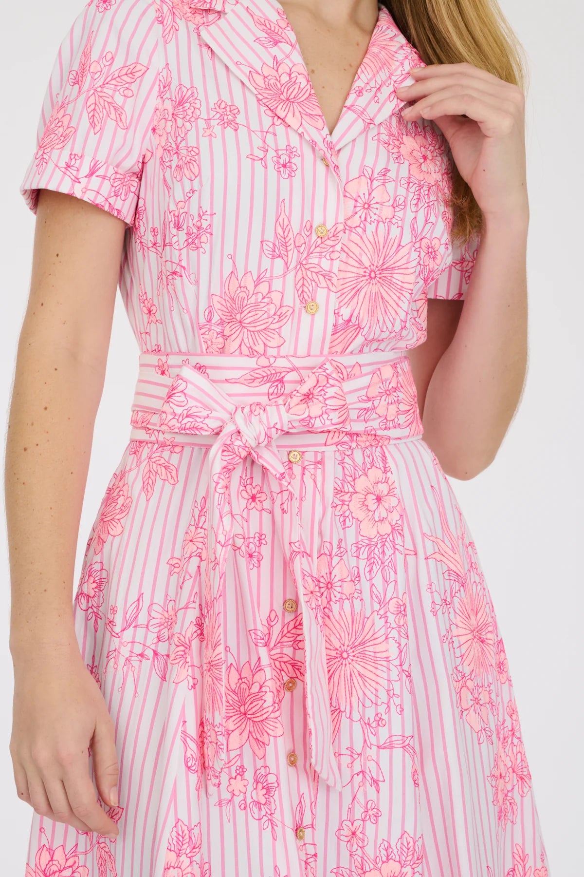 pink embroidered floral cotton blend shirt dress by Weill
