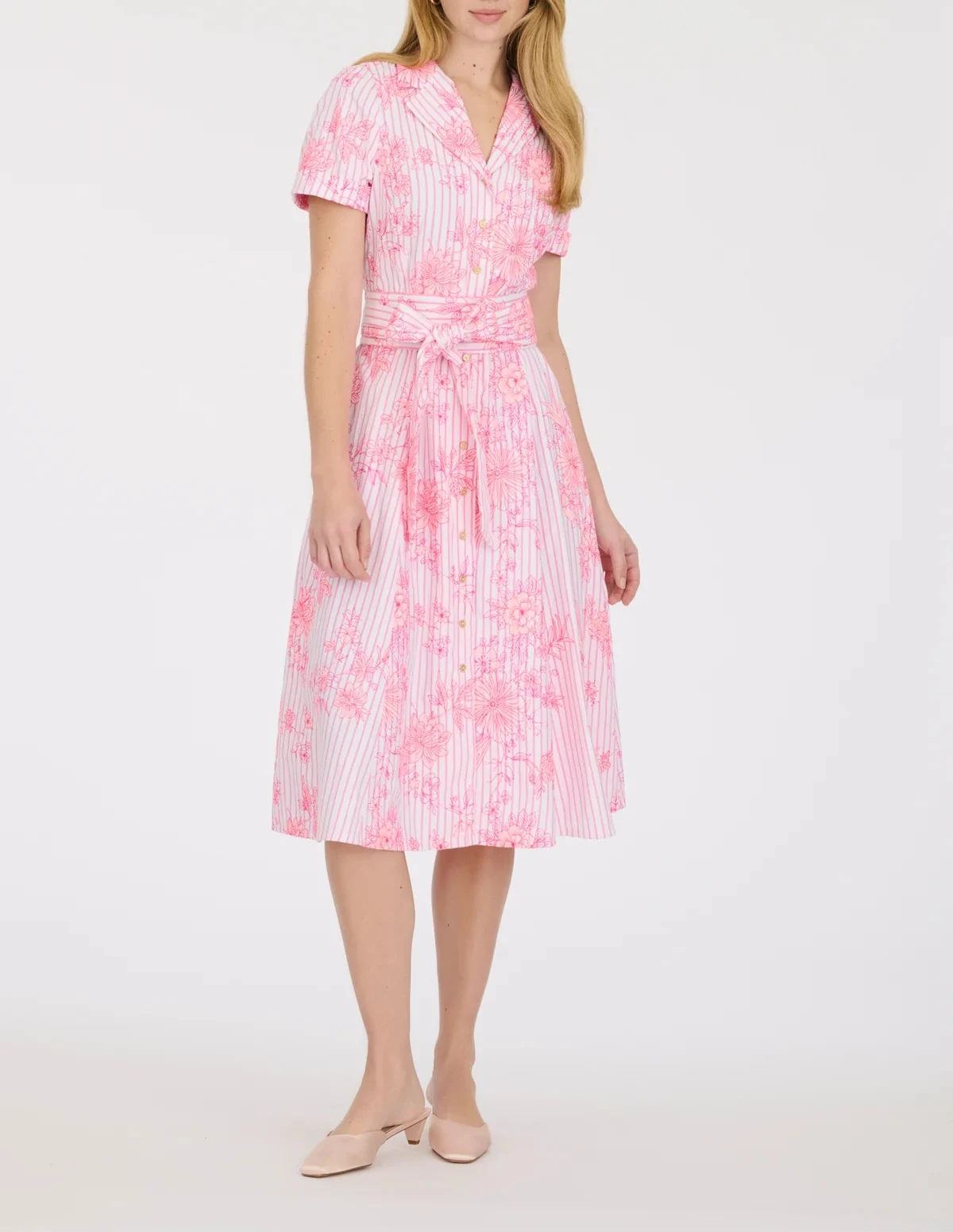 Elegant pink striped and embroidered midi dress with shirt collar and flared skirt