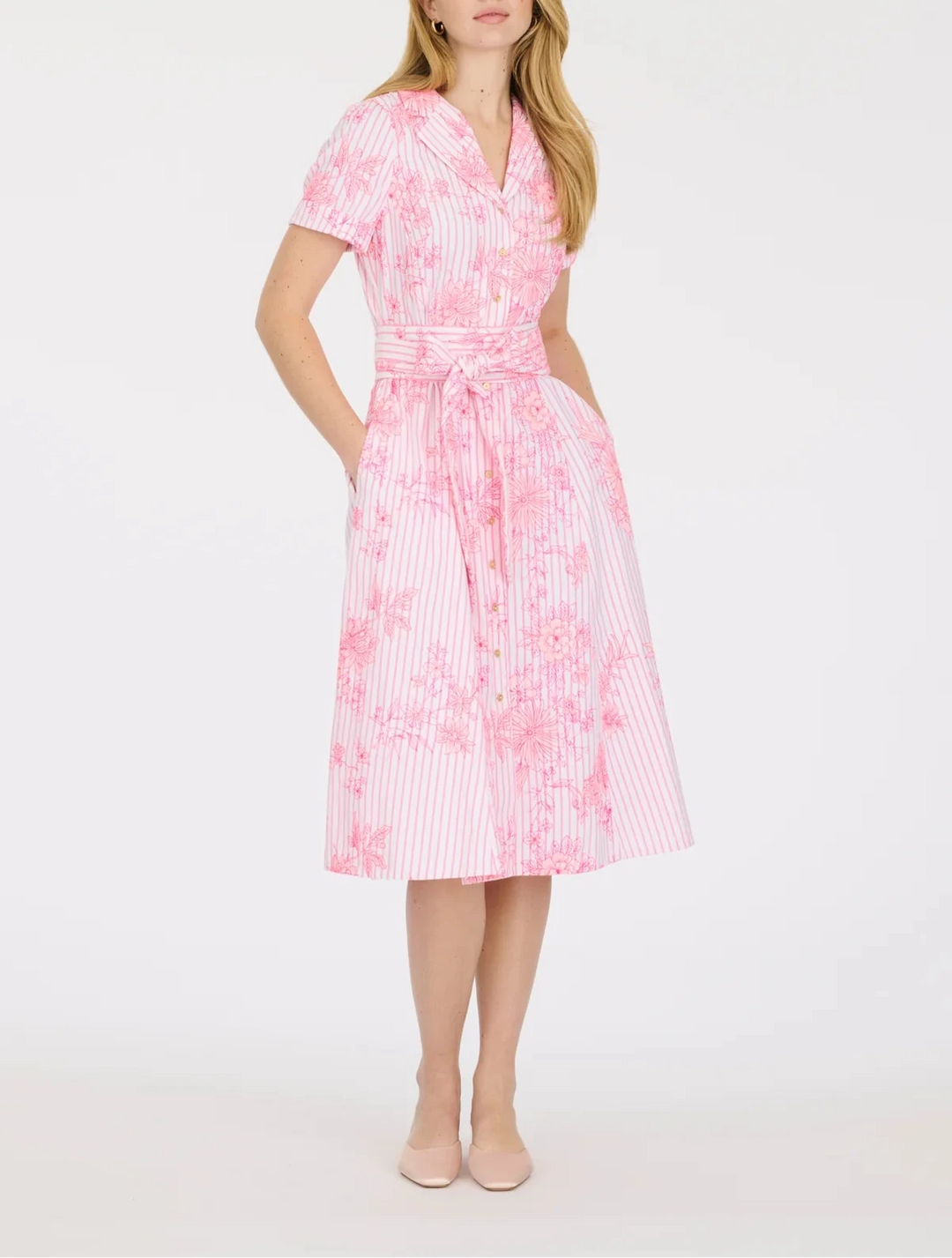 Pink Embroidered Shirt Midi Dress
