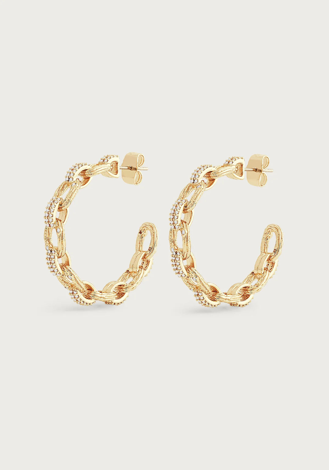 Enchanted Forest Chain Hoop Earrings by Anabel Aram featuring 18K gold-plated brass chain links and shimmering crystal accents in a bold open-hoop design

