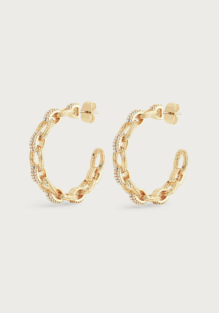 Enchanted Forest Chain Hoop Earrings by Anabel Aram featuring 18K gold-plated brass chain links and shimmering crystal accents in a bold open-hoop design


