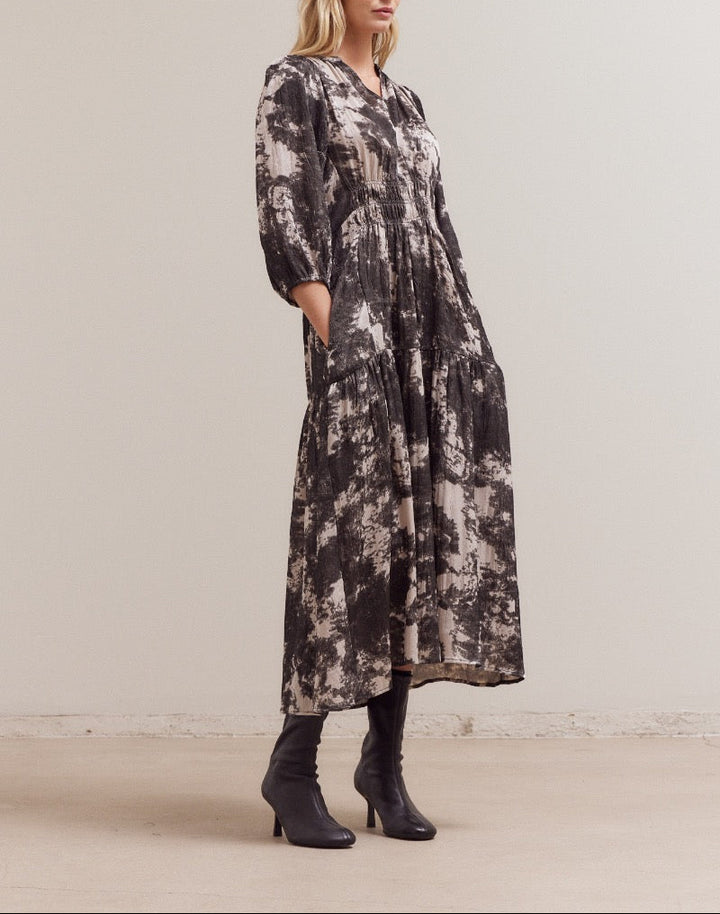 3/4 sleeve fawn printed midi dress by GRADE & GATHER, featuring a floral design and elegant silhouette.