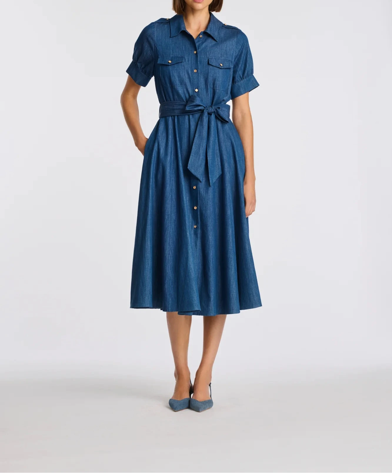 Front view blue denim shirt midi dress with belt and flared silhouette