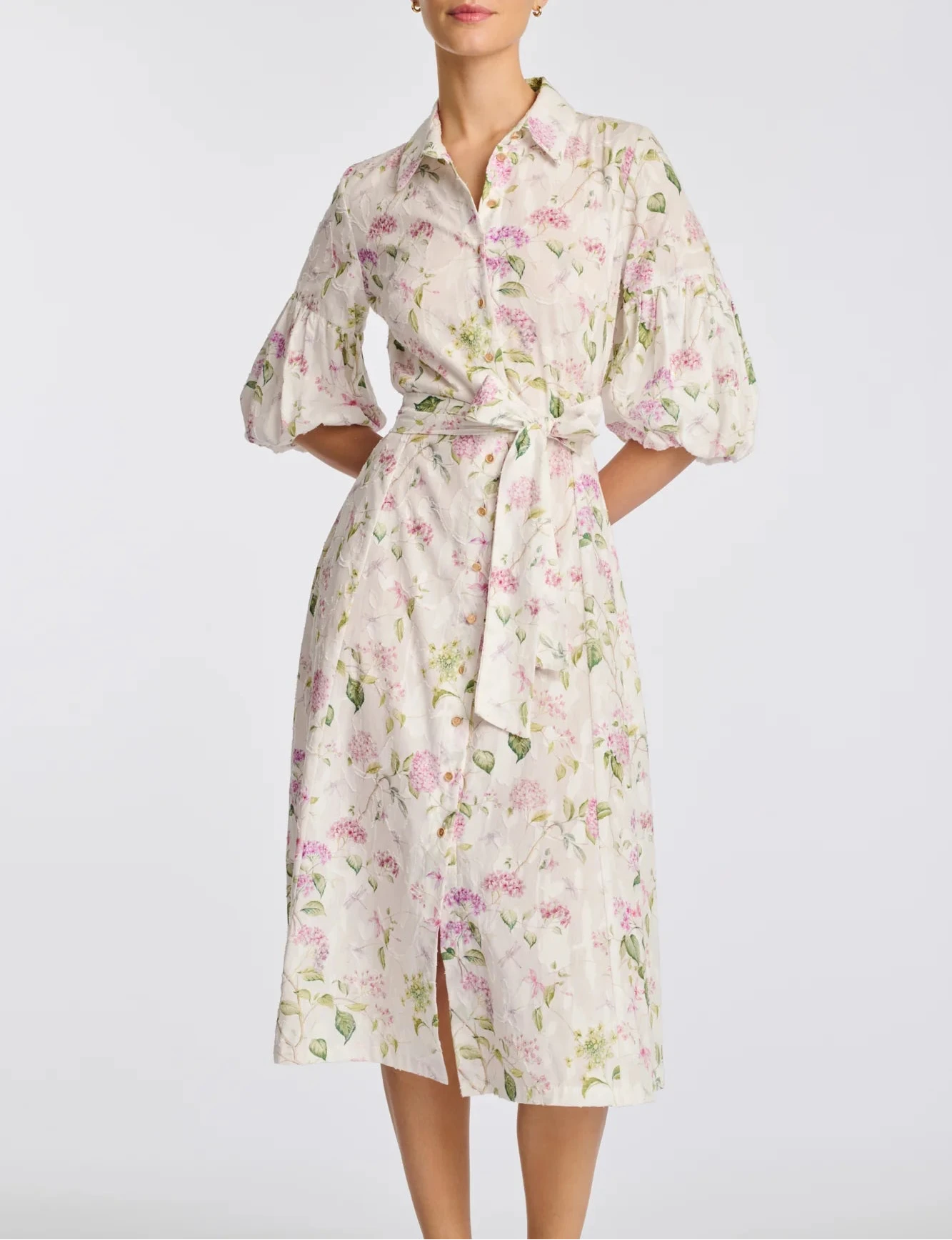 Floral cotton midi shirt dress with puff sleeves and tie waist in ivory floral print