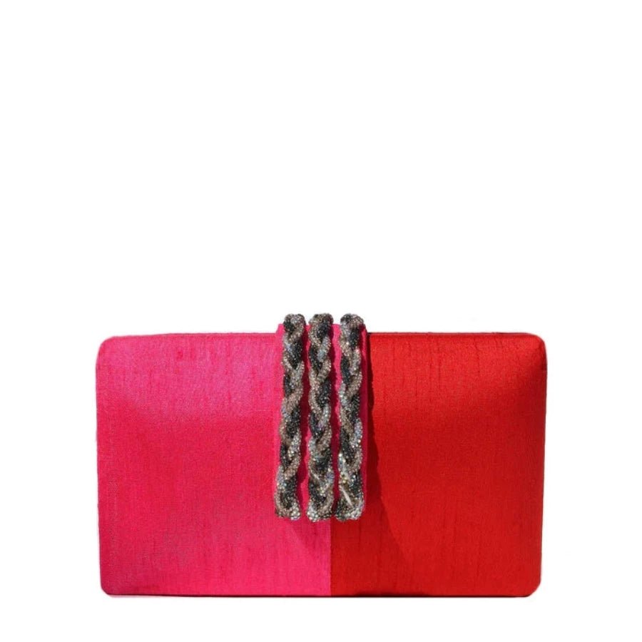 Colorblock satin clutch in red and pink with braided crystal beaded strap – evening bag for formal events