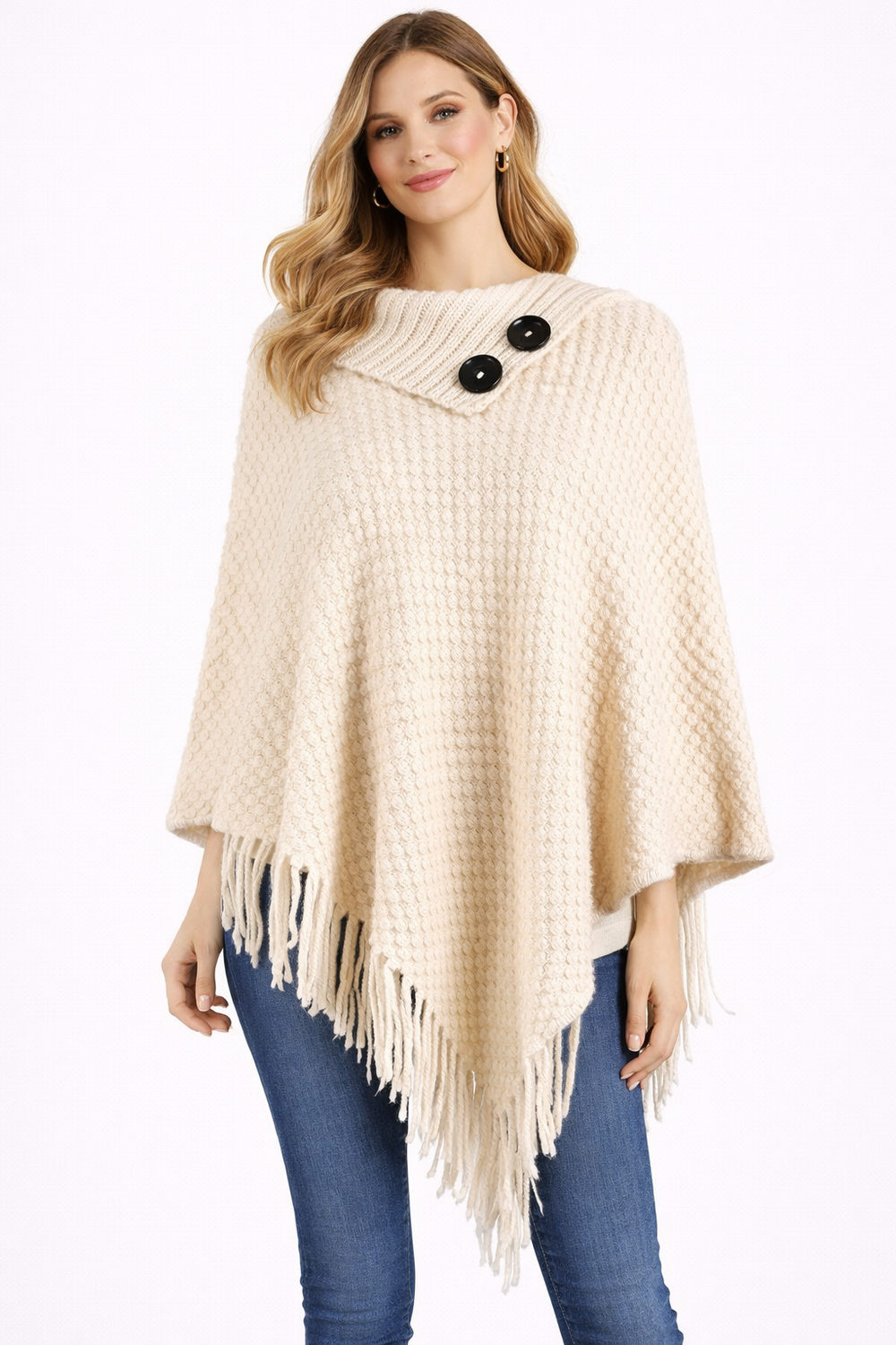 Elegant fringe detail on wool button-collar poncho