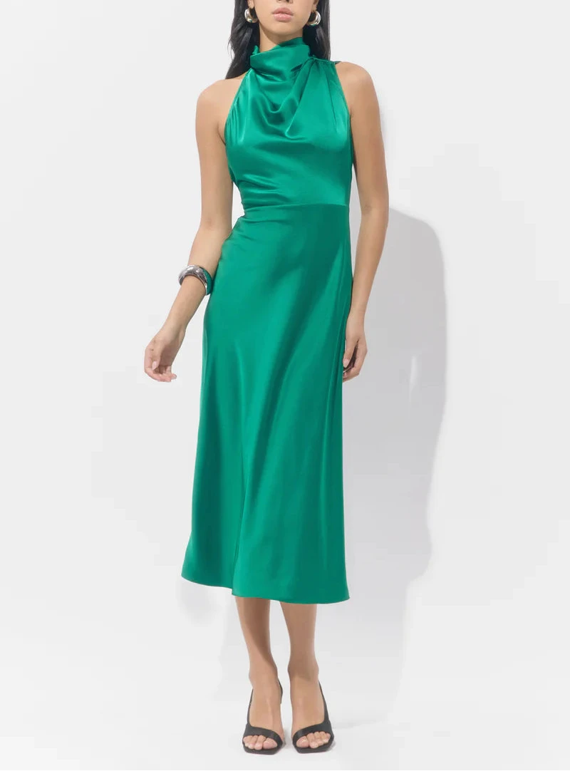 Emerald green satin midi dress with high neck and flowing silhouette by Adelyn Rae