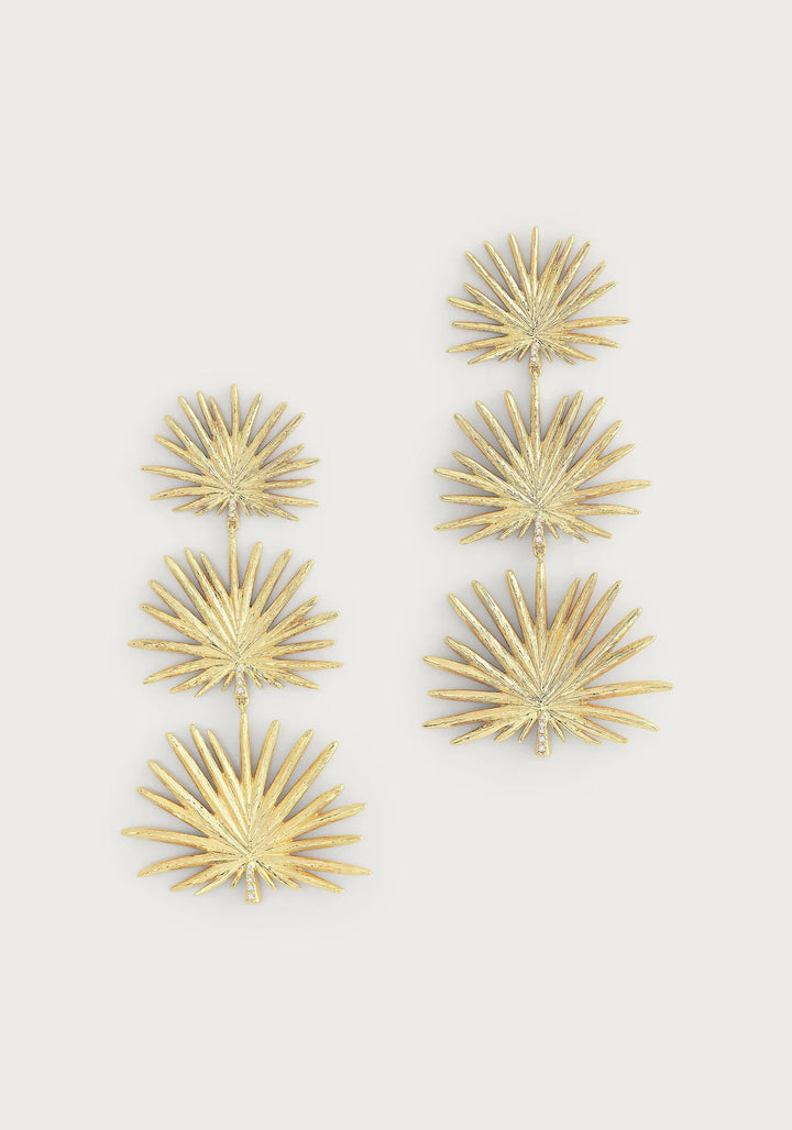 large Triple Fan Palm Dangle Earrings by Anabel Aram featuring 18K gold-dipped brass fan leaves with hand-textured details and crystal-accented stems