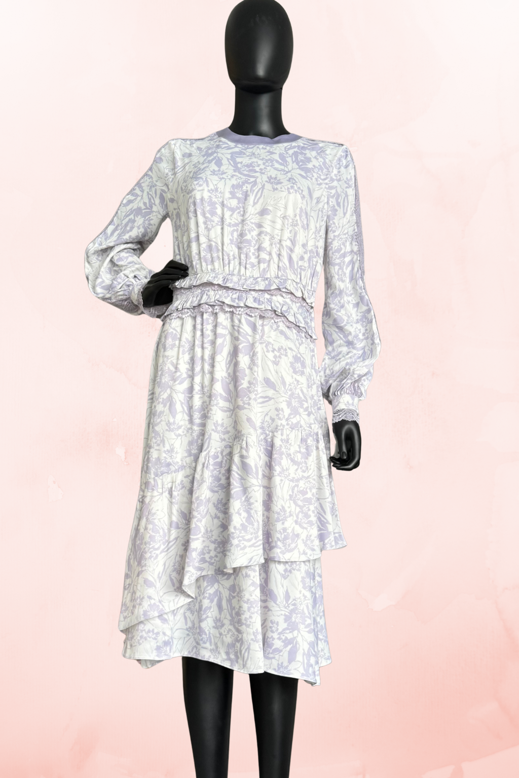 Lilac Floral Long Sleeves Midi Dress - BTK COLLECTIONS