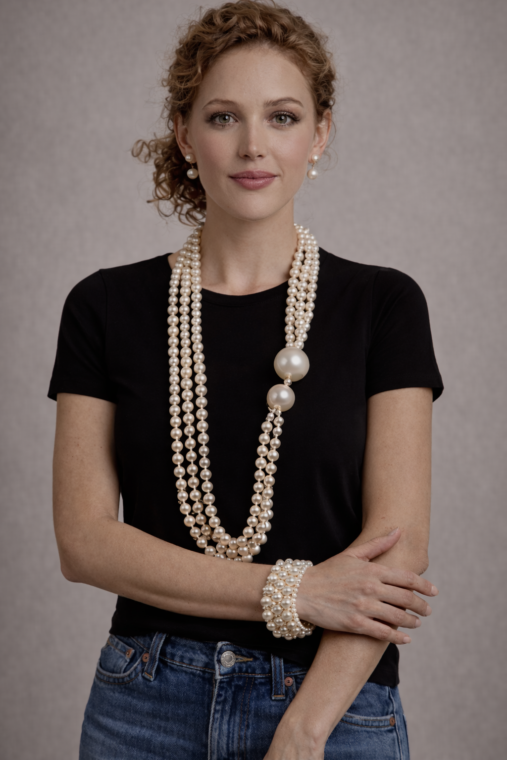 layered faux pearl long necklace with oversized pearl accents