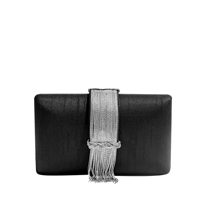 Sleek midnight black clutch with a luxurious silver fringe tassel accent, showcasing a modern yet timeless design, part of the Simitri collection-BTK COLLECTION