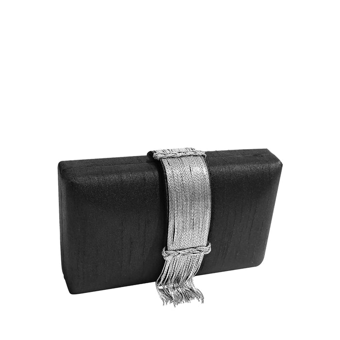 Sleek midnight black clutch with a luxurious silver fringe tassel accent, showcasing a modern yet timeless design, part of the Simitri collection-BTK COLLECTION