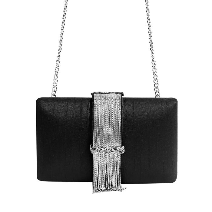 Sleek midnight black clutch with a luxurious silver fringe tassel accent, showcasing a modern yet timeless design, part of the Simitri collection-BTK COLLECTION