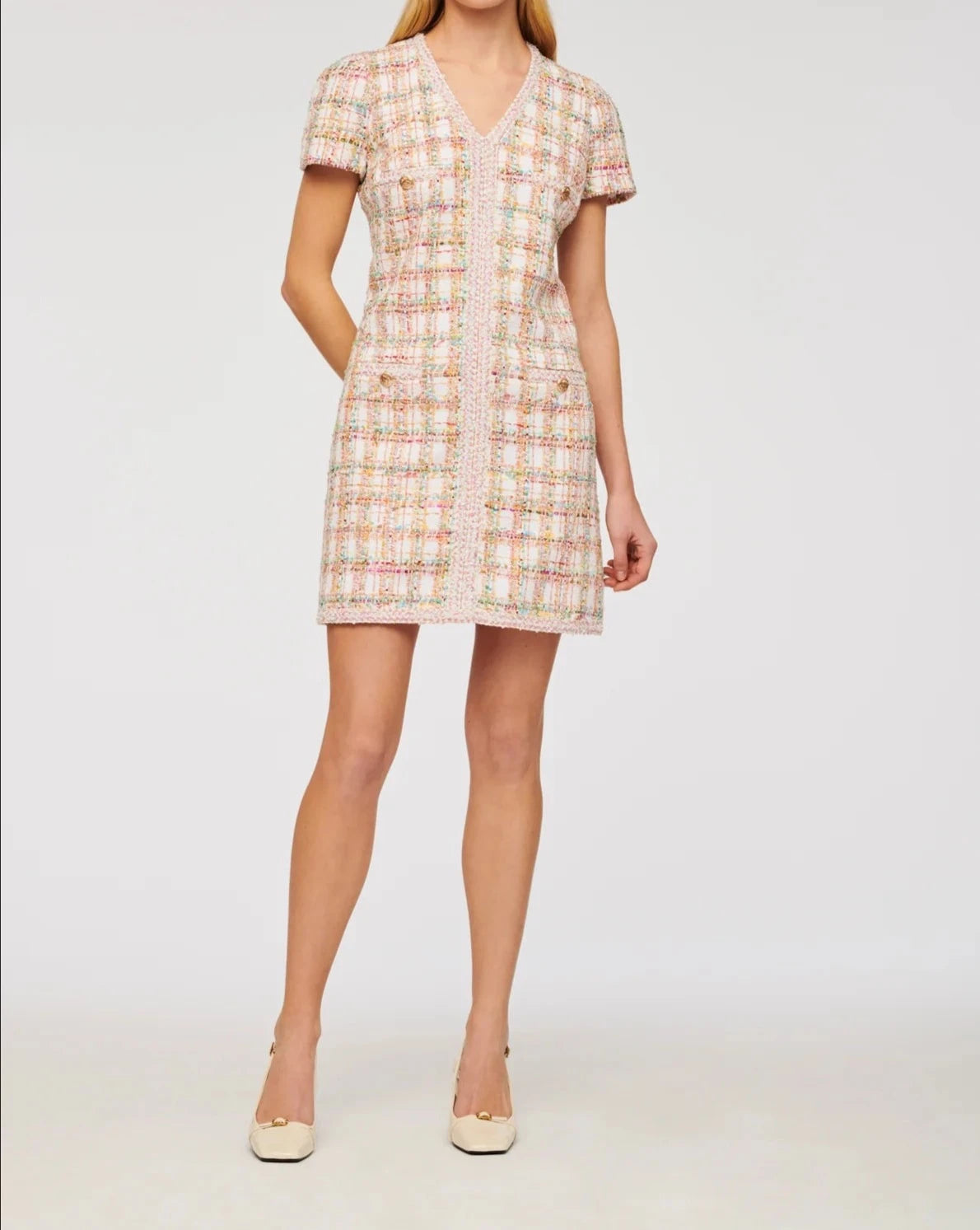 Weill Paris Multi-Color Tweed Short Dress with V-Neck