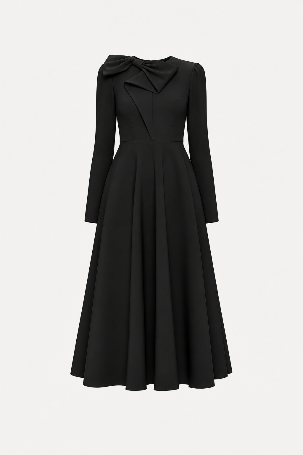 NISSA black fit-and-flare midi dress with an oversized neckline bow