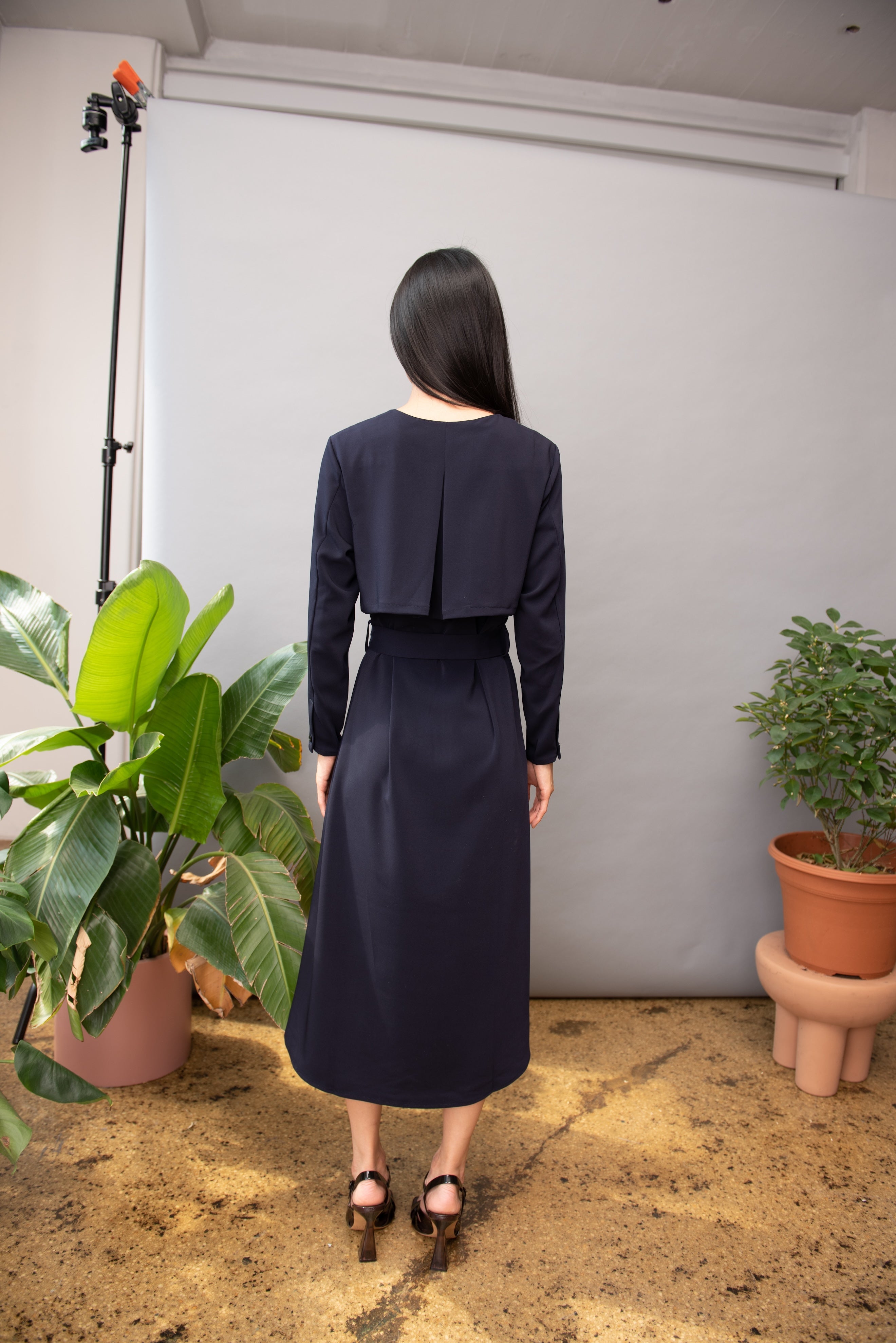 Navy Monet Long Sleeve Midi Dress