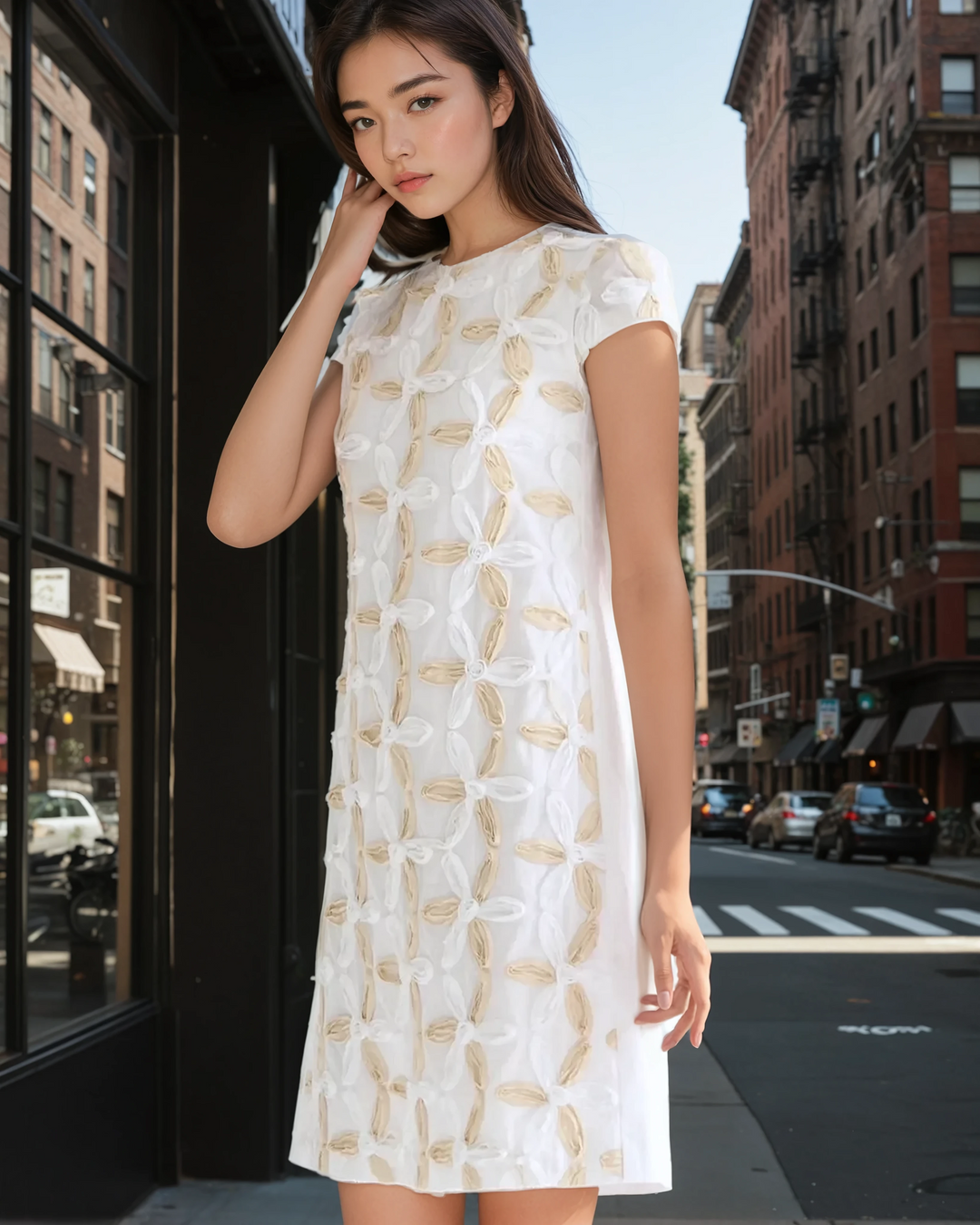 Norah Noh Floral Appliqué Shift Dress – Knee-length white shift dress with beige 3D floral appliqué, cap sleeves, and round neckline, perfect for elegant occasions.