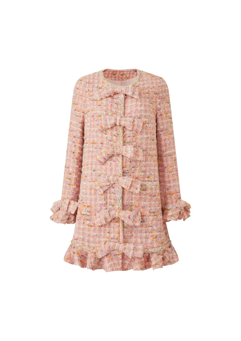 Pastel pink tweed coat dress with bow buttons, ruffled cuffs and hem, jewel neckline