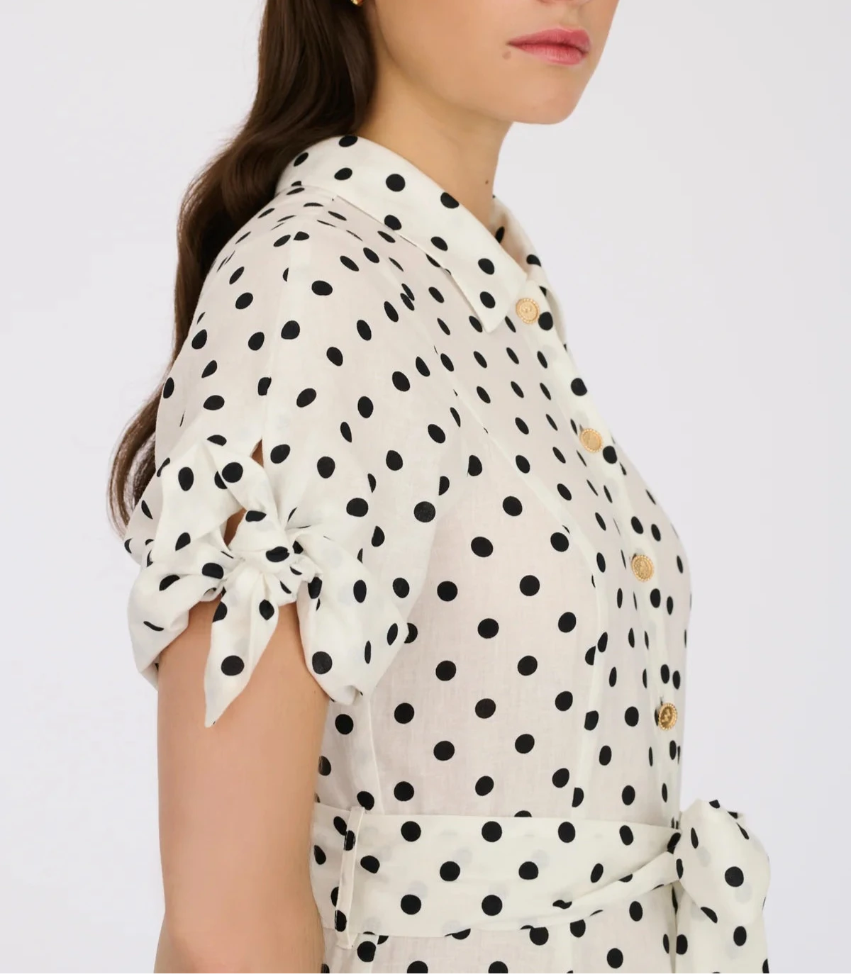 White polka dot midi shirt dress with tie sleeves by WEILL, perfect for summer garden parties.